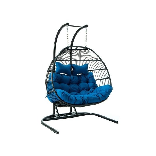 Leisuremod Wicker 2 Person Double Folding Hanging Egg Swing Chair with Blue Cushions ESCF52BU